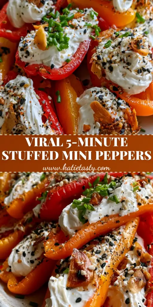 A high-reaching mountain stack of red, orange, and yellow cold stuffed mini peppers on a white platter.