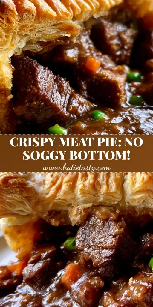 A close-up of a golden-brown Meat Pie sliced open to show chunky beef and mahogany gravy.