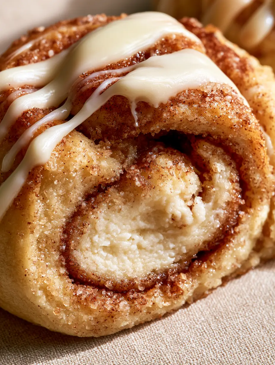 Extreme macro photography of a thick, soft-baked Cinnamon Roll Cheesecake Cookie broken in half to reveal a dense, creamy white cheesecake center.