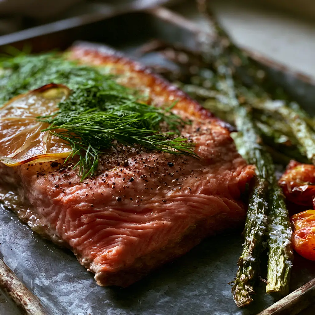 Baked Salmon with Lemon and Dill: The Ultimate Sheet Pan Seafood Dinner 2 Close-up of flaky roasted Atlantic salmon topped with charred Meyer lemon and fresh dill. (baked salmon with lemon and dill)