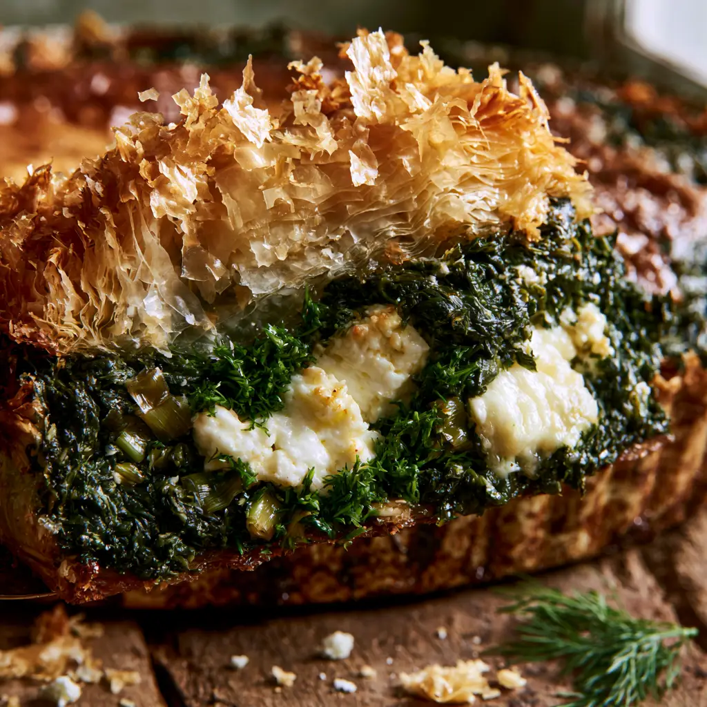 Visual of the dense spinach and melting feta filling of a spanakopita recipe slice.