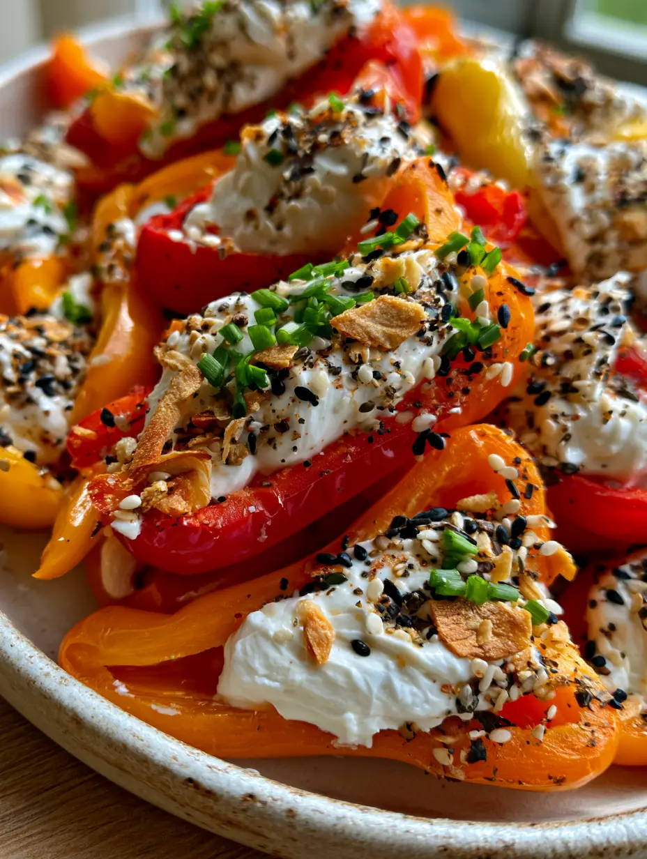 Close up of cold stuffed mini peppers showing the glossy skin and fluffy cream cheese swirl.