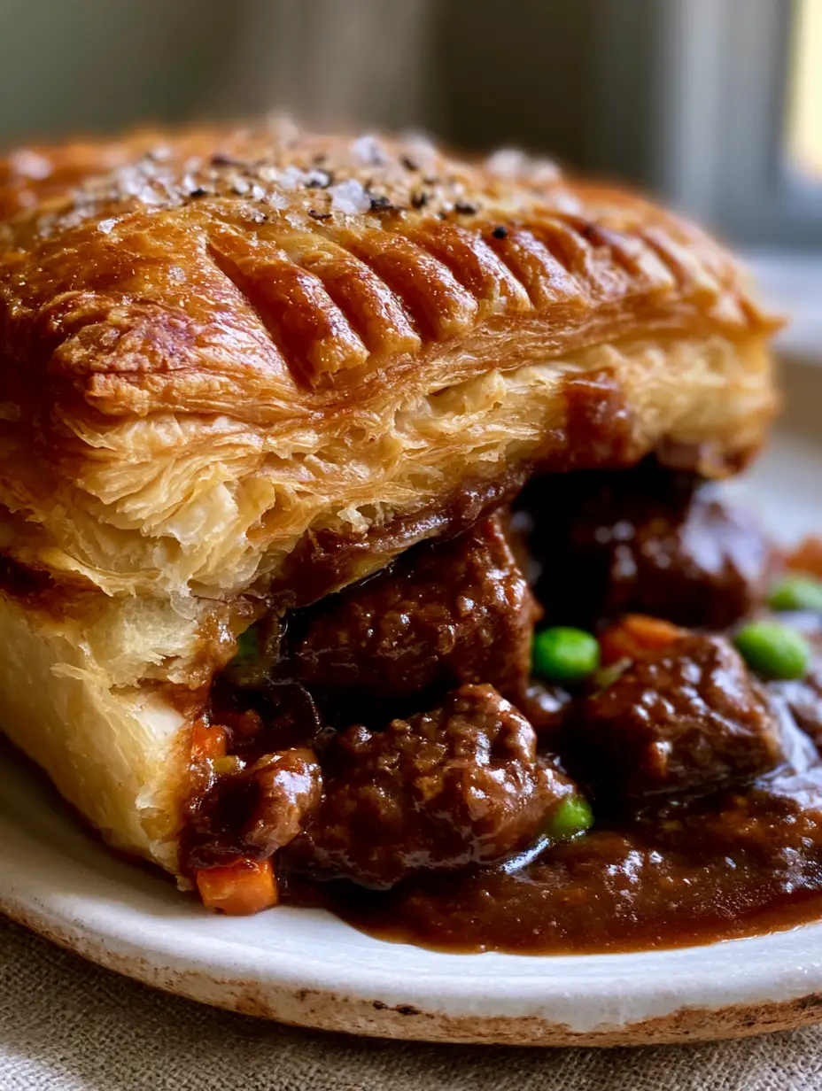 Handheld photo of a Meat Pie slice with visible buttery pastry layers and steam rising. (Meat Pie)
