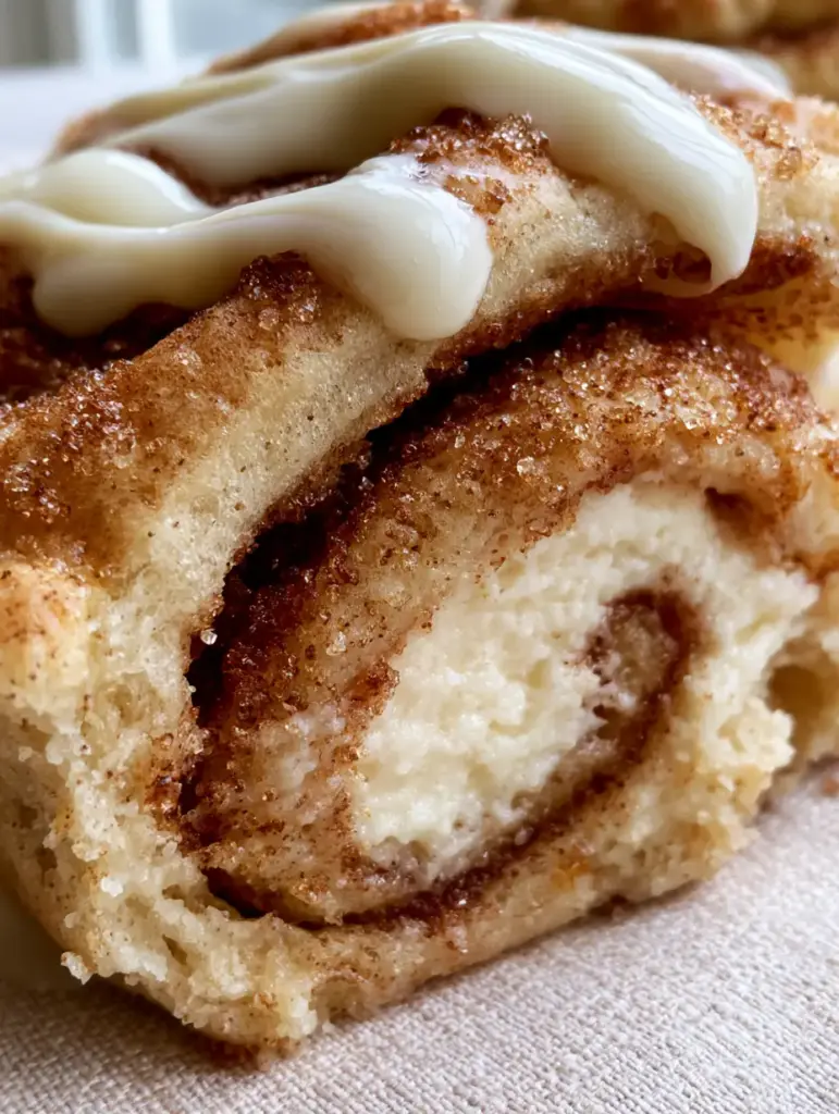 Close-up of a Cinnamon Roll Cheesecake Cookie featuring a deep mahogany cinnamon sugar swirl and glossy white glaze.