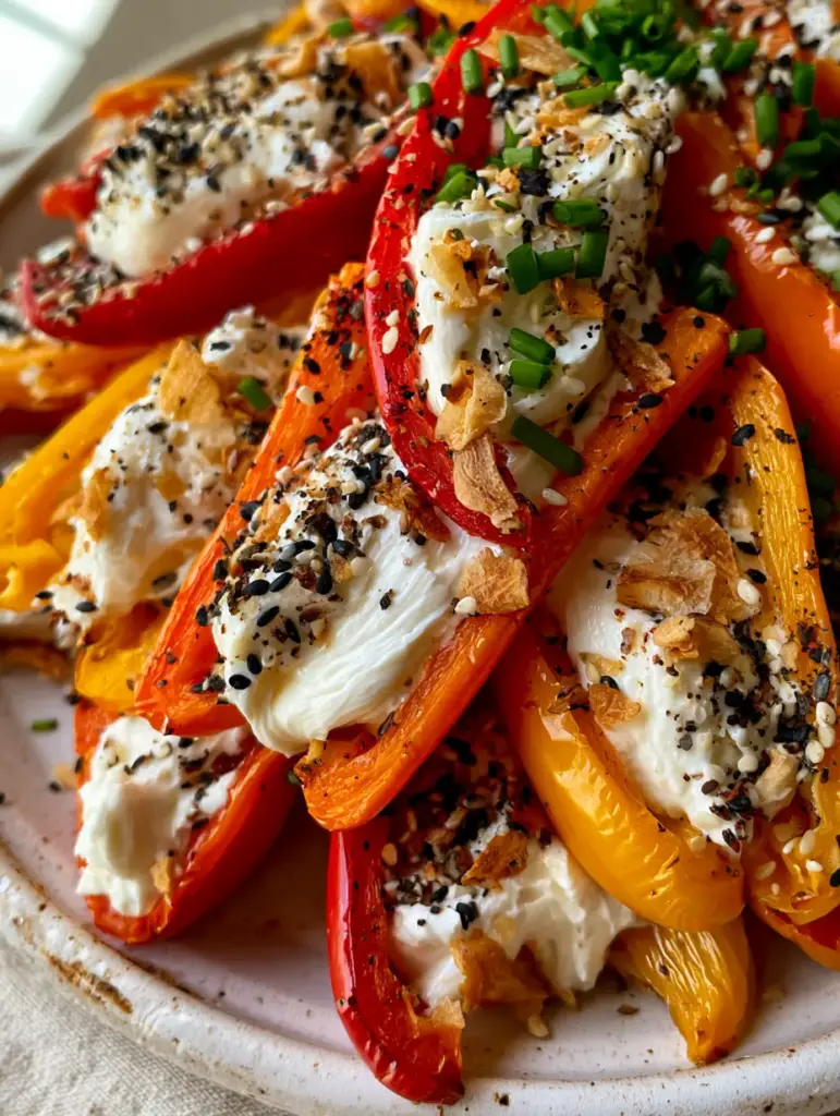Overhead view of a mountain of cold stuffed mini peppers crusted with everything bagel seasoning.