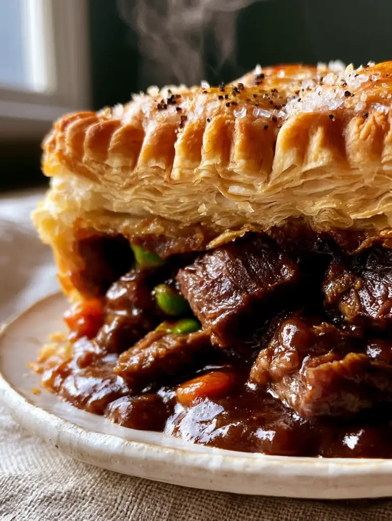 Macro shot of a Meat Pie crust showing flaky sea salt and cracked black pepper.