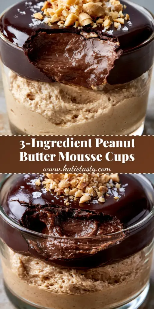 A close-up of individual peanut butter mousse cups in mini glass cups, topped with a cracked dark chocolate shell, chopped peanuts, and sea salt.
