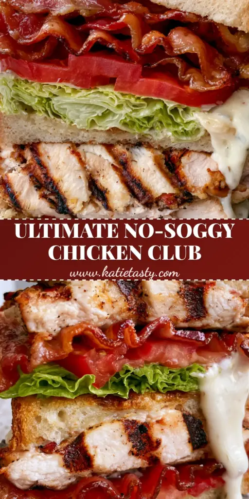 Chicken Club Sandwich: The Ultimate Grilled Triple-Decker Recipe 3 A towering triple-decker Chicken Club Sandwich with grilled chicken, wavy bacon, and heirloom tomatoes on a marble countertop.
