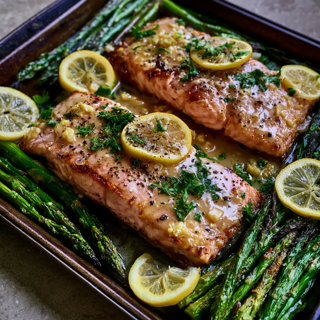 Vibrant green asparagus spears with charred, blistered tips on a dark metal pan next to lemon slices. (Sheet Pan Lemon Garlic Butter Salmon)