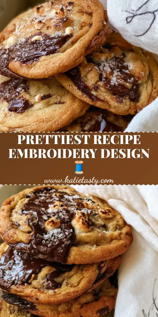 A stack of gourmet salted dark chocolate cookies with charred marshmallows on a rustic wooden surface next to a white linen towel with charcoal embroidery. (chocolate chip recipe machine embroidery design)