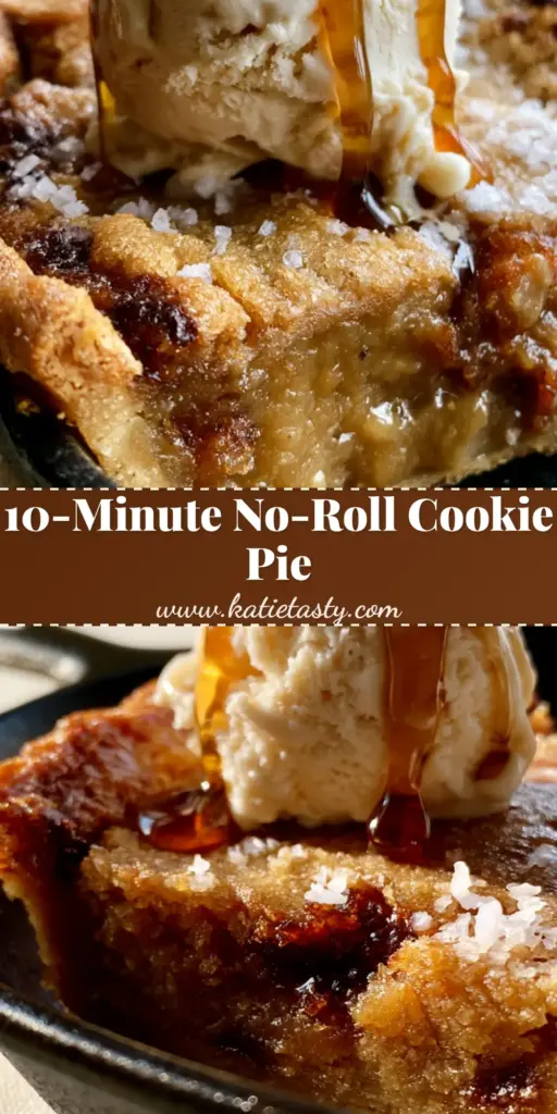A thick slice of brown sugar maple cookie pie in a cast iron skillet with melting ice cream and maple syrup.