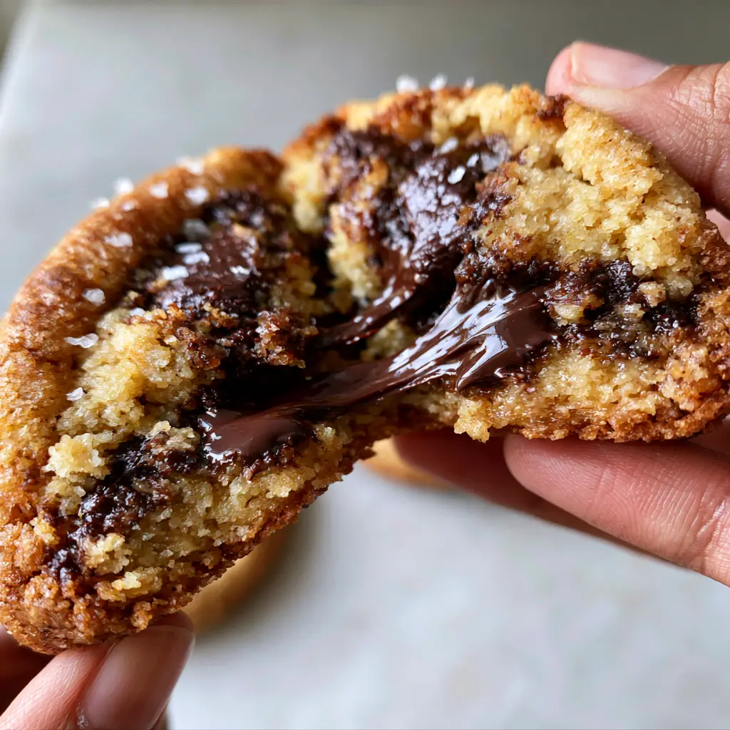 Chocolate Chip Cookie Recipe: The Secret to Gooey Centers and Crispy Edges 1 Thick chocolate chip cookie with crispy golden edges and sea salt flakes on a kitchen counter.