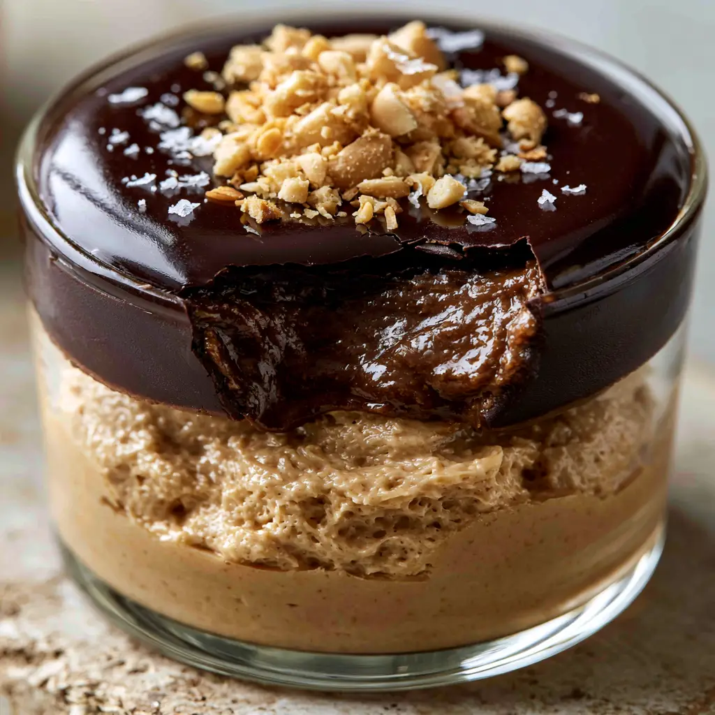 A spoon cracking through the dark chocolate shell of a peanut butter mousse cup.