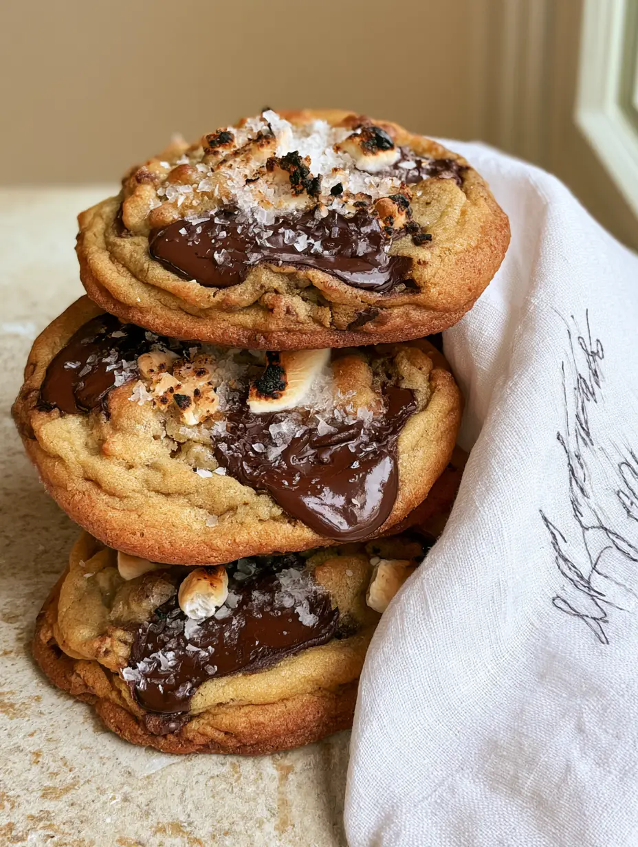 Vertical smartphone photo of gourmet chocolate chip cookies with melted dark chocolate pools and charred marshmallows. (chocolate chip recipe machine embroidery design)