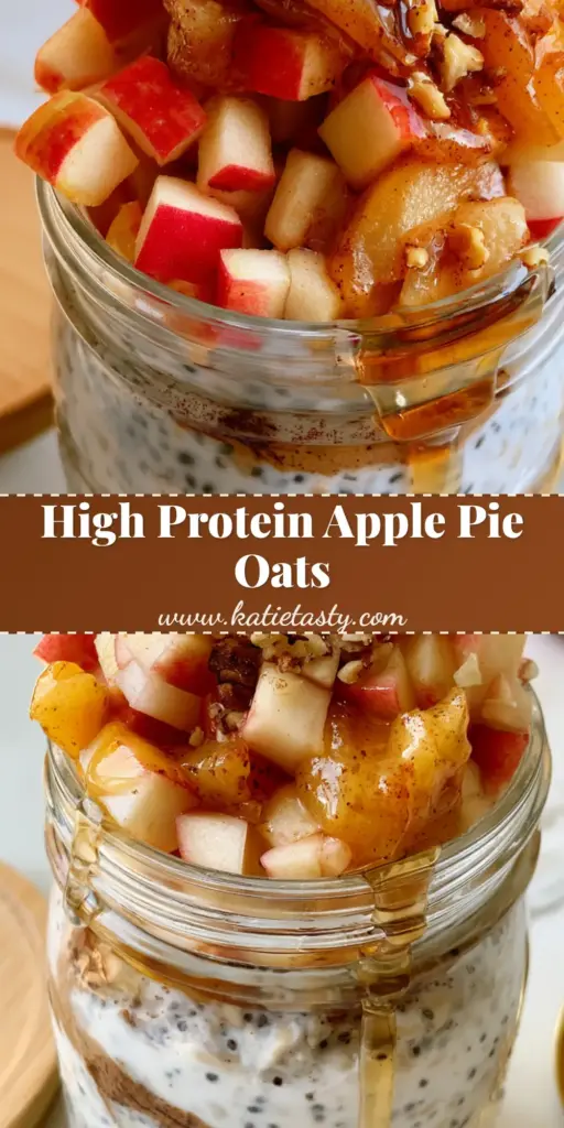 A close-up vertical shot of Apple Cinnamon Overnight Oats in a mason jar with almond butter swirls and caramelized apples.
