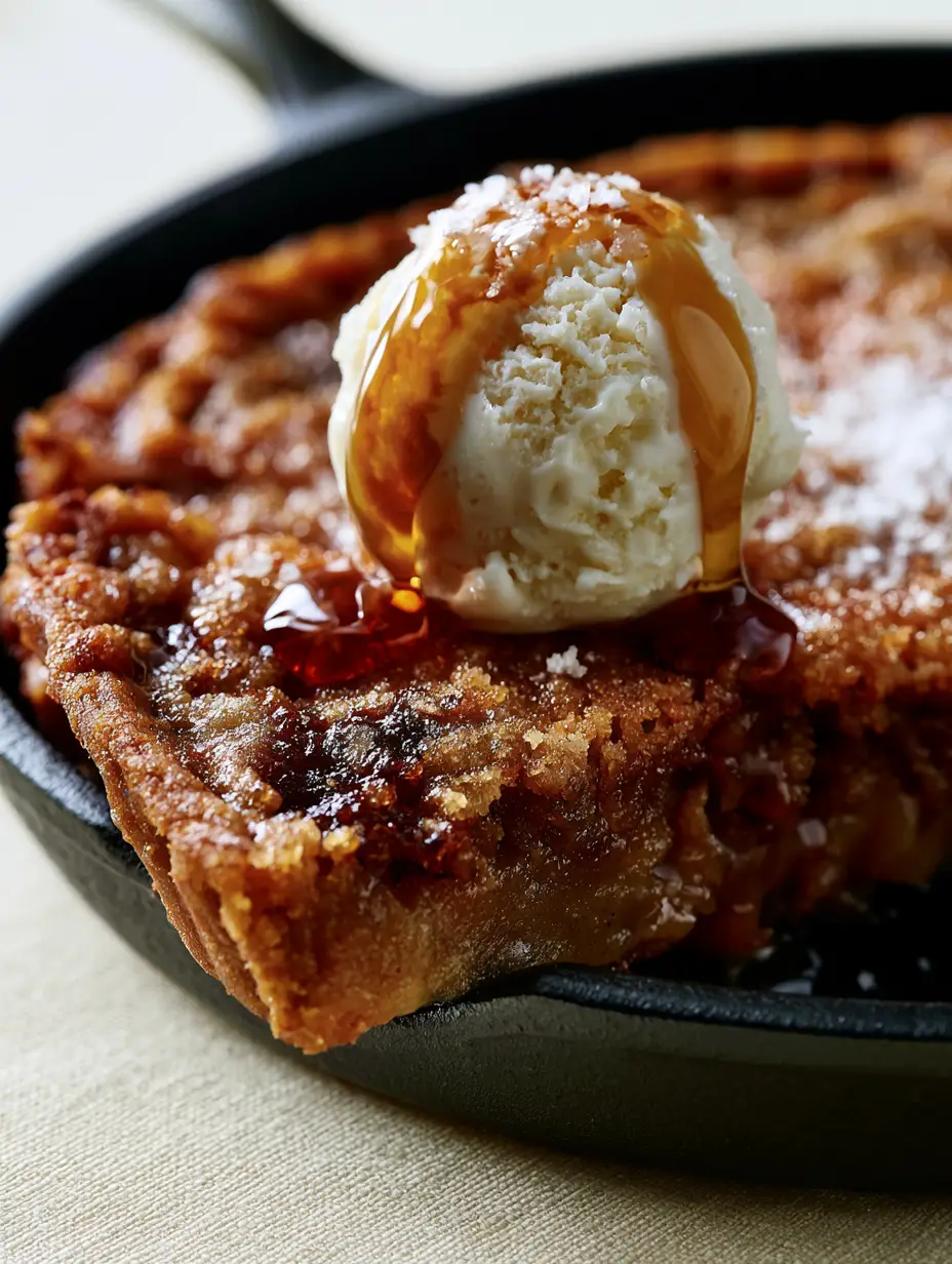 Close-up of caramelized edges and a gooey center of a brown sugar maple cookie pie.