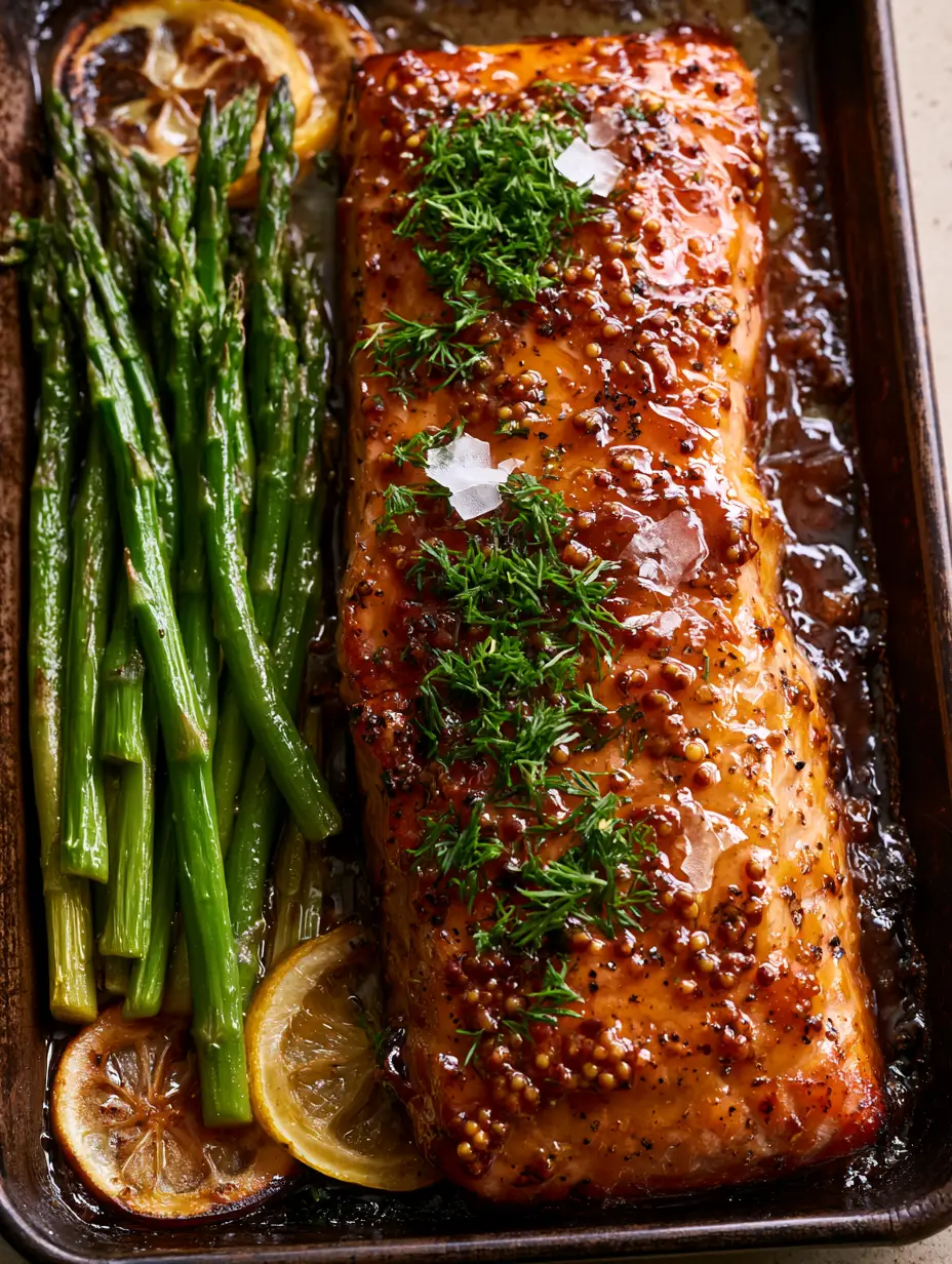 Maple dijon baked salmon with Roasted Asparagus and Charred Lemon 3 Close-up of bubbling maple dijon glaze on an Atlantic salmon fillet with whole grain mustard seeds.