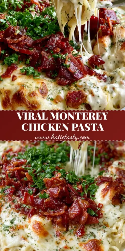 A bubbling white ceramic dish of Monterey Chicken Spaghetti topped with crispy bacon, melted cheese with golden spots, and fresh parsley, featuring a dramatic cheese pull from a fork.