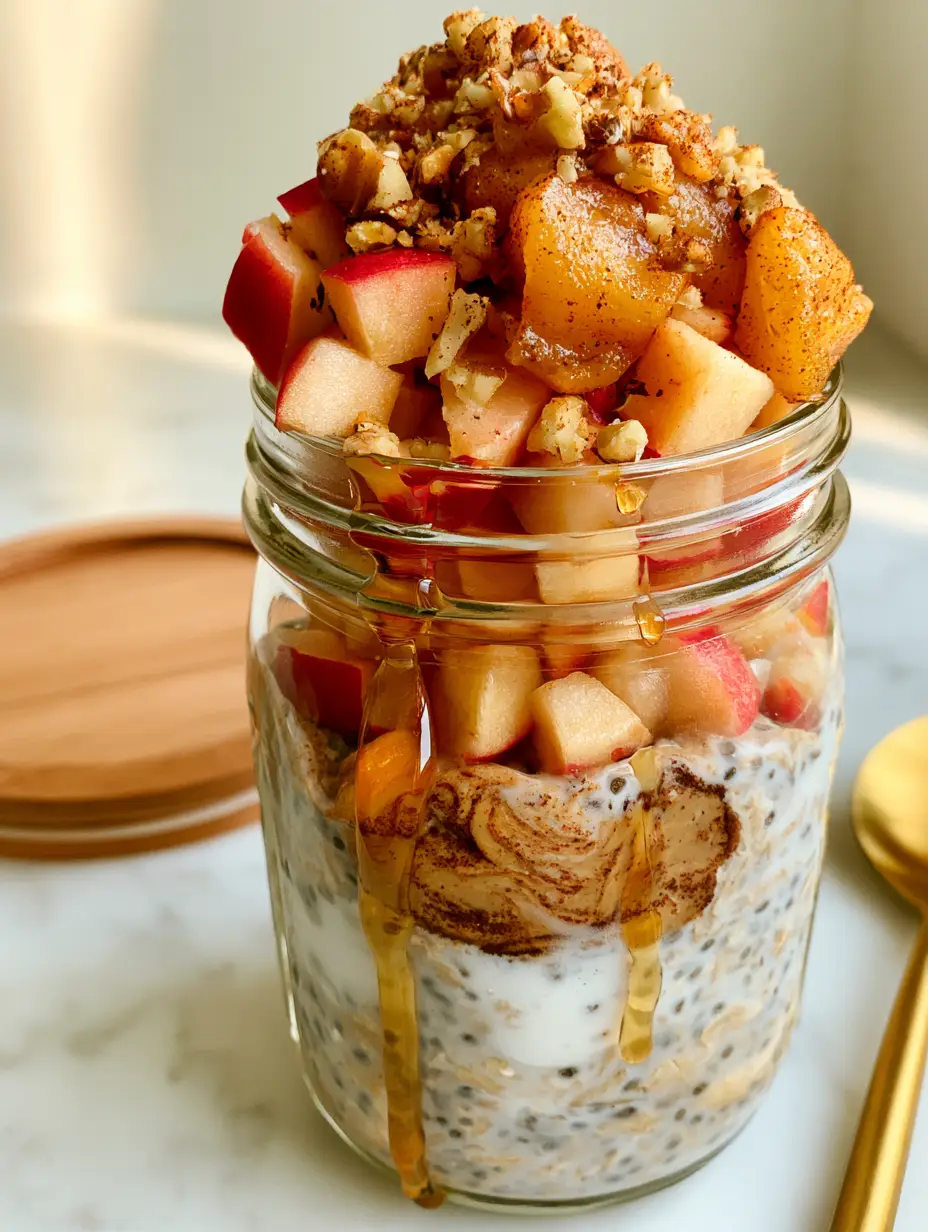 High-angle shot of Apple Cinnamon Overnight Oats topped with walnuts and fresh apples on a marble countertop.