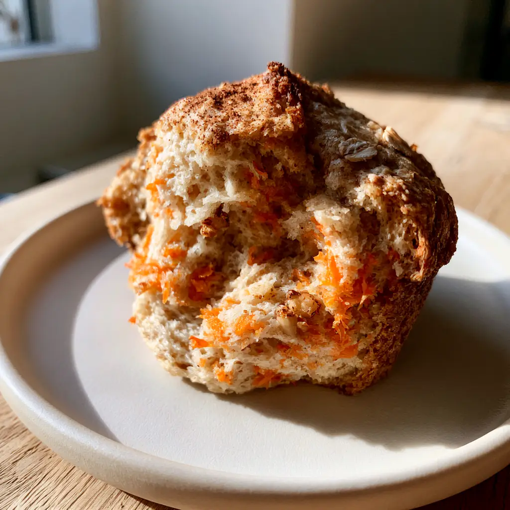 Extreme close-up of the airy sponge texture and orange carrot flecks inside a carrot muffin.
