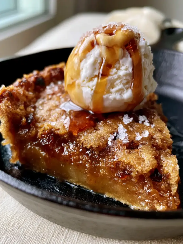 Top-down view of melting vanilla bean ice cream and thick amber maple syrup on a brown sugar maple cookie pie.