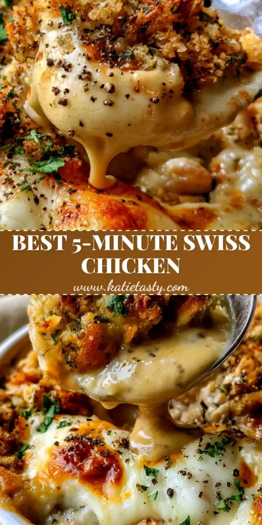 A close-up shot of a ceramic crock containing Slow Cooker Swiss Chicken with melted cheese, golden stuffing crumbs, and fresh parsley garnish.