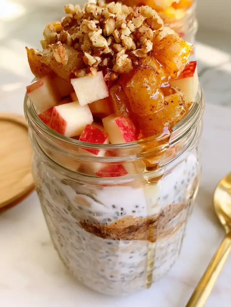 Close-up of maple syrup dripping down the side of a jar of Apple Cinnamon Overnight Oats.
