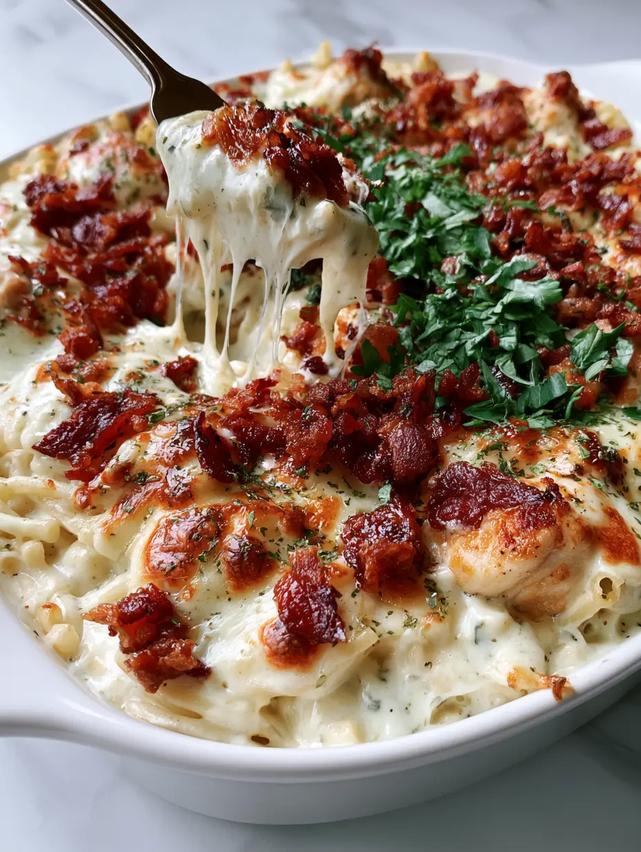 Overhead view of Monterey Chicken Spaghetti in a white dish, showing seared chicken breast chunks and glistening thick-cut bacon bits over a thick white cream sauce.