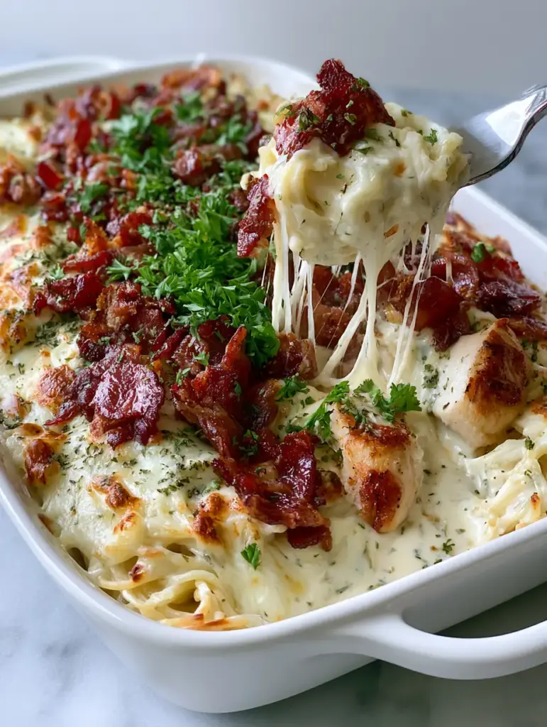Close-up of bubbling Monterey Jack cheese with golden toasted spots on top of a ranch-seasoned chicken spaghetti casserole.