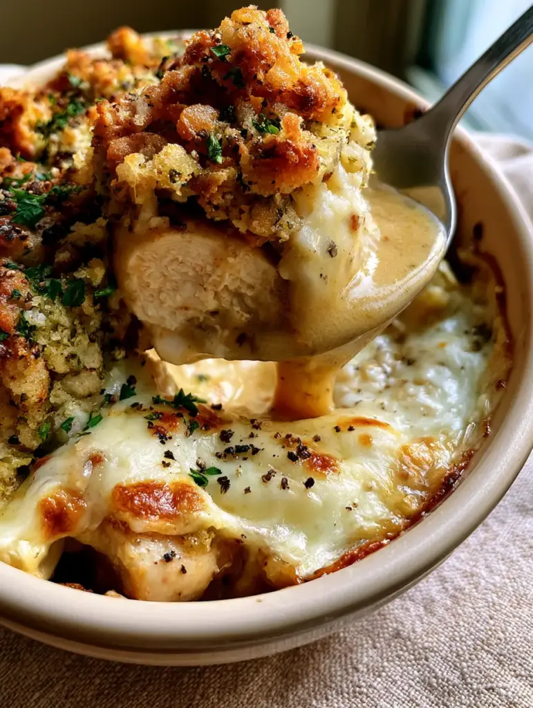 Overhead view of Slow Cooker Swiss Chicken in a crock pot with a heavy crust of toasted herb stuffing and cracked black pepper.