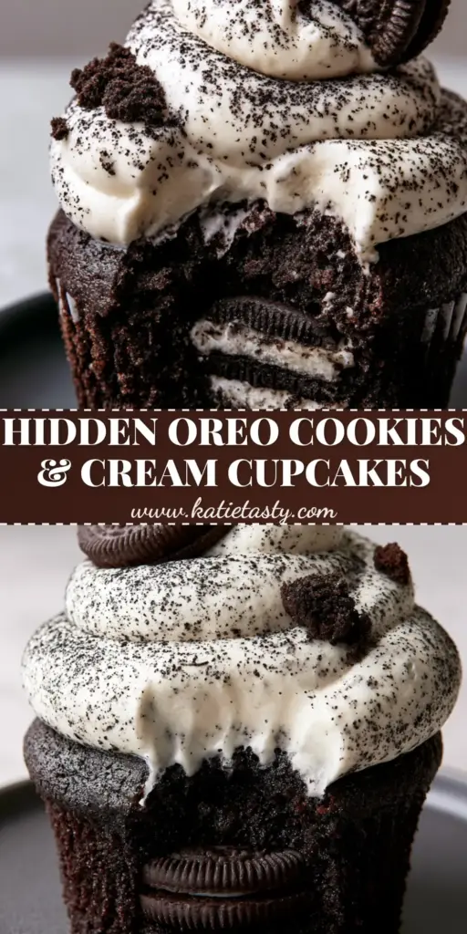 Cookies & Cream Cupcakes with a Hidden Whole Cookie Center 4 A tall Cookies & Cream Cupcake with a whole Oreo base and mini Oreo garnish on a matte plate. (Cookies & Cream Cupcakes)