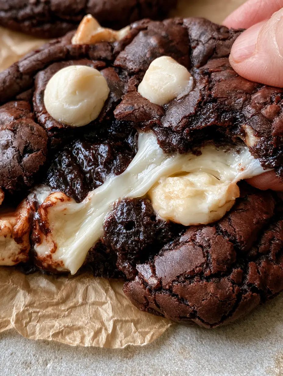 Inside Out Chocolate Chip Cookies: The Ultimate Molten Dark Cocoa Experience 4 Macro close-up of Inside Out Chocolate Chip Cookies being pulled apart to reveal a molten fudgy center and white chocolate strands.