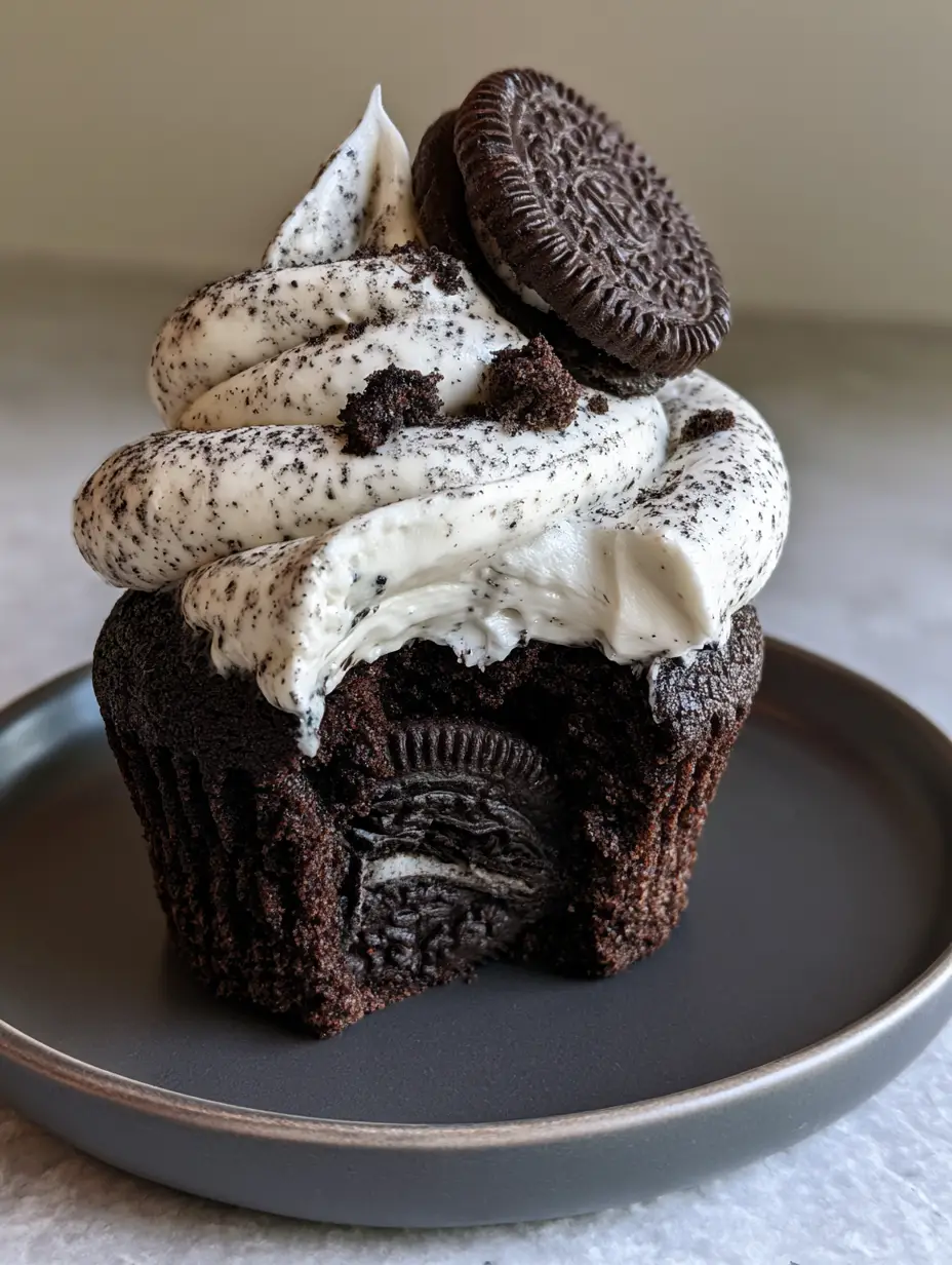 Cookies & Cream Cupcakes with a Hidden Whole Cookie Center 3 Macro photo of a Cookies & Cream Cupcake with a bite taken out, revealing the whole cookie center. (Cookies & Cream Cupcakes)