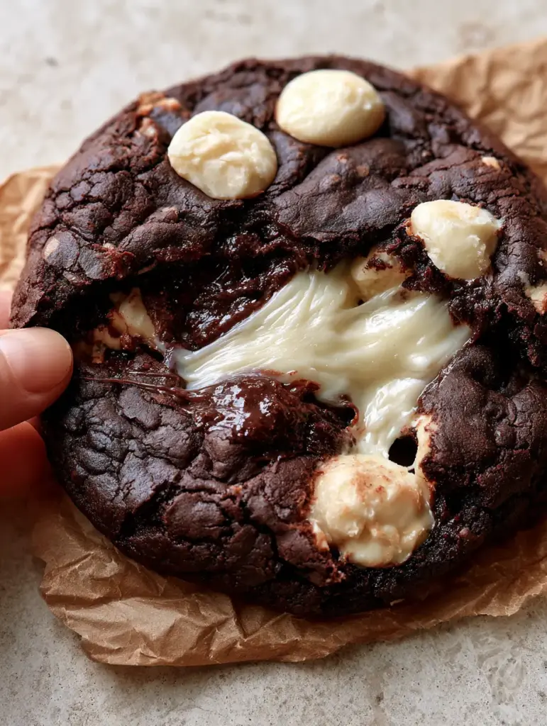Inside Out Chocolate Chip Cookies: The Ultimate Molten Dark Cocoa Experience 1 A thick ebony chocolate cookie with a distinct crackled exterior and unmelted white chocolate morsels on top. (Inside Out Chocolate Chip Cookies)