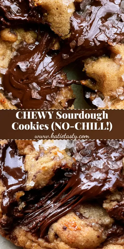 A stack of thick Brown Butter Sourdough Discard Chocolate Chip Cookies showing rippled edges and molten chocolate pools on a neutral stone background.