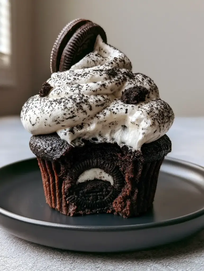 Cookies & Cream Cupcakes with a Hidden Whole Cookie Center 1 Close-up of stable white buttercream frosting with fine black cookie dust specks. (Cookies & Cream Cupcakes)