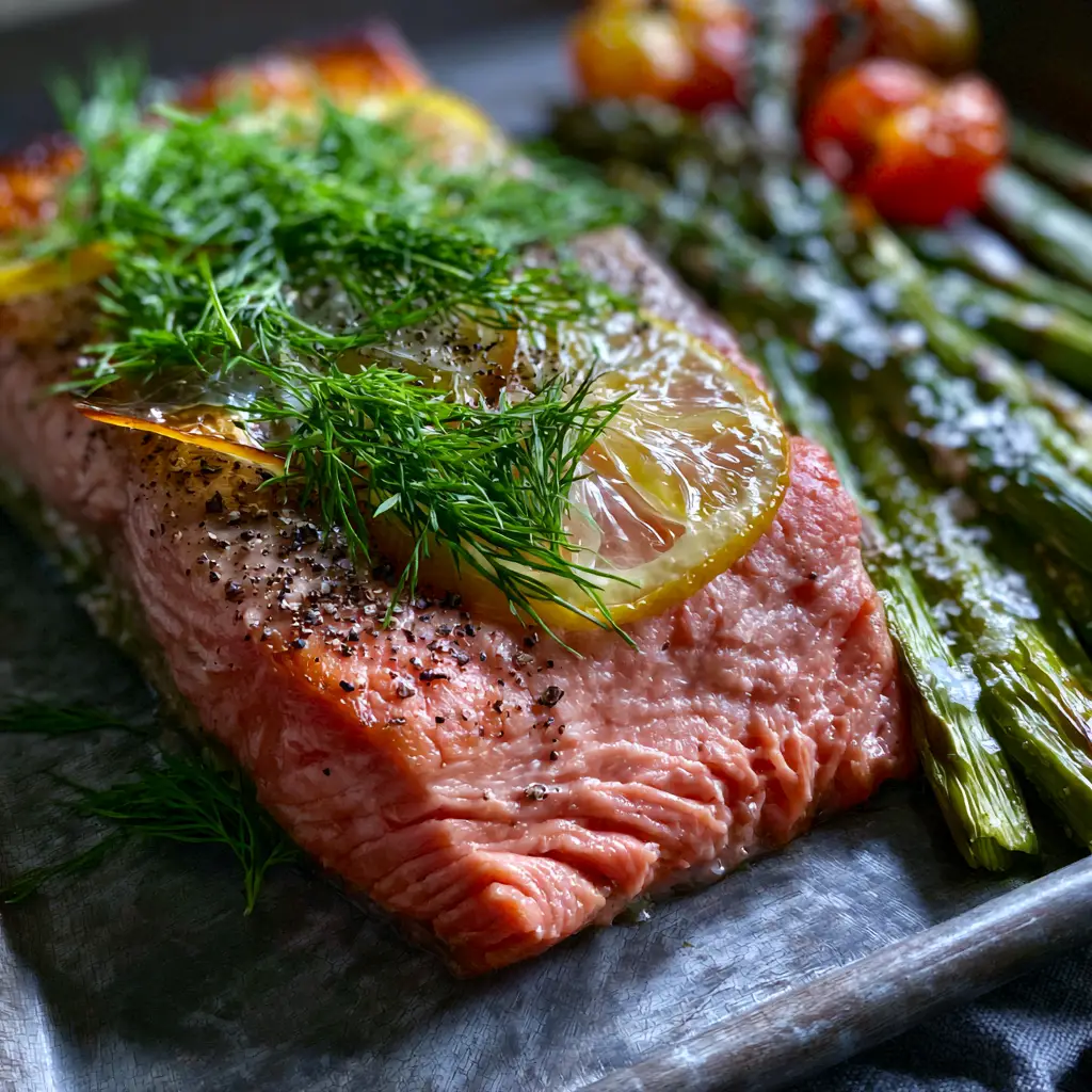 Baked Salmon with Lemon and Dill: The Ultimate Sheet Pan Seafood Dinner 1 Single portion of baked salmon with lemon and dill showing burst tomatoes and salted asparagus.