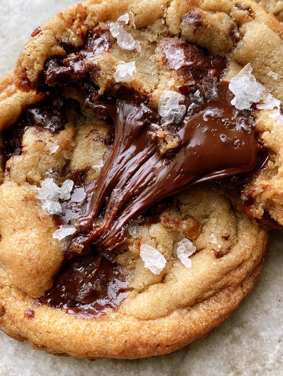 Extreme macro close-up of Brown Butter Sourdough Discard Chocolate Chip Cookies broken open to reveal a fudgy center and gooey chocolate strings.