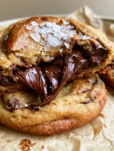 An extreme close-up of a thick melted butter chocolate chip cookie being broken in half, revealing a fudgy center and stretching dark chocolate.