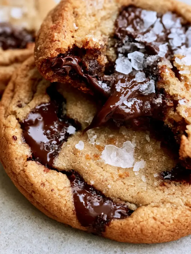 Top-down view of Brown Butter Sourdough Discard Chocolate Chip Cookies with large flaky sea salt crystals and caramelized ripples.