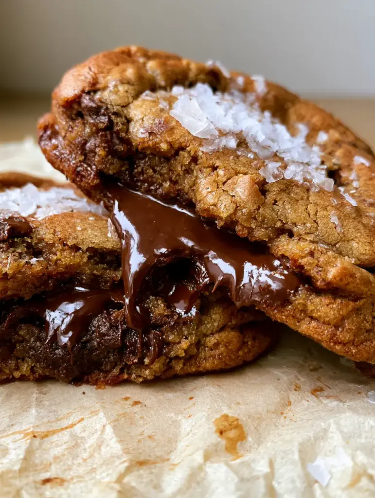 A top-down view of a golden-brown melted butter chocolate chip cookie with a crackled surface and large square flaky sea salt crystals.