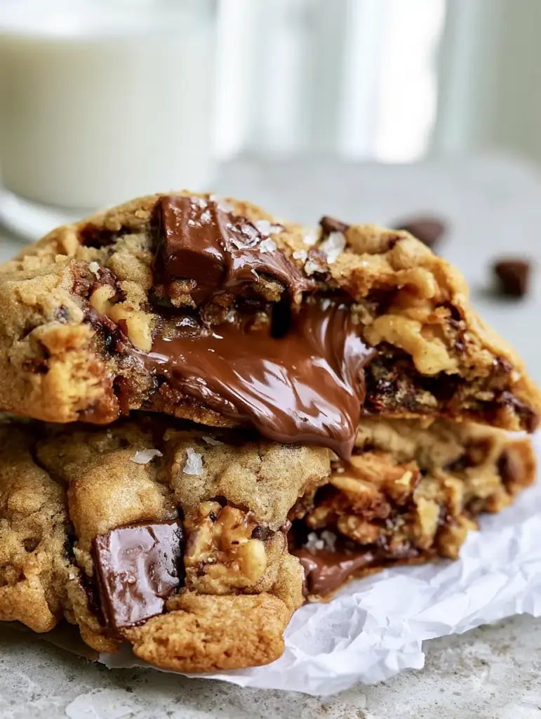NYC Cookies: The Ultimate Bakery-Style 6-Ounce Chocolate Chip Cookie Recipe 1 A 6-ounce NYC cookie with a craggy texture and toasted walnuts sitting on stone countertop near a glass of milk.