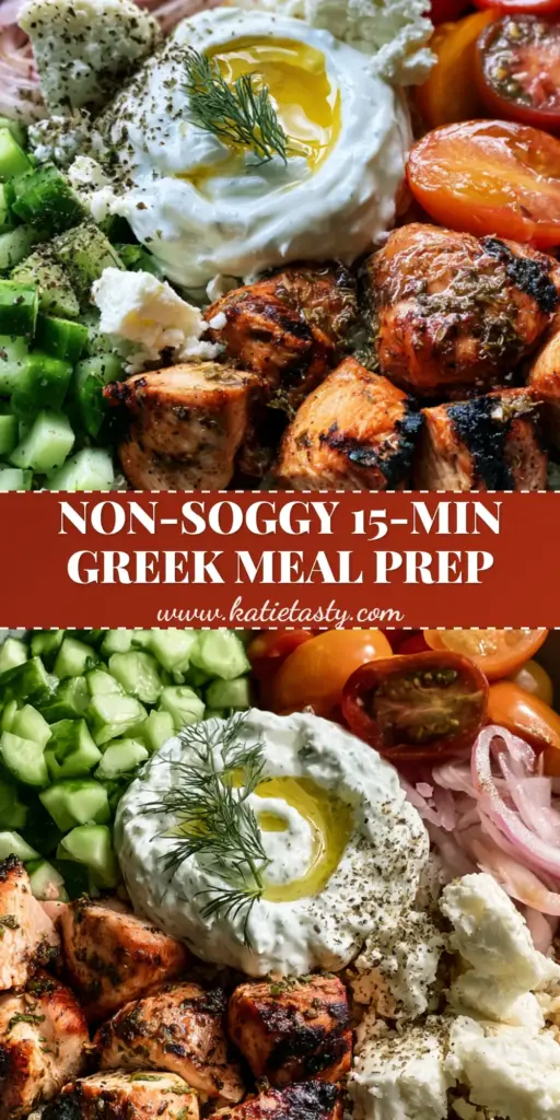A professional food photography vertical shot of a Greek Chicken Grain Bowl with charred chicken, quinoa, and fresh vegetables in a grey bowl.