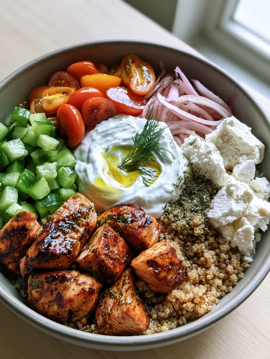 Close up shot of charred grilled chicken breast cubes with deep dark marks and glistening herb oil in a Greek Chicken Grain Bowl.