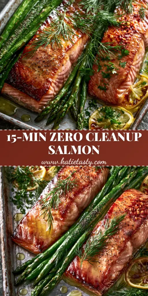 Baked Salmon and Asparagus with Lemon Garlic Butter 3 A top-down macro shot of a weathered silver sheet pan featuring two seared Atlantic salmon fillets and slender charred asparagus. (baked salmon and asparagus)