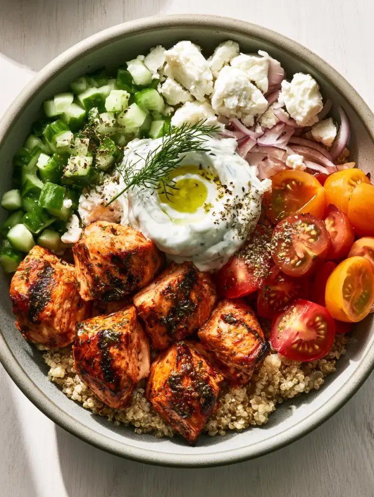 Individual grains of fluffy toasted quinoa base of a Greek Chicken Grain Bowl topped with fresh dill and feta.