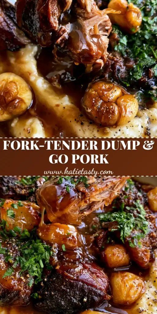 Slow Cooker Brown Sugar Garlic Pork Roast with Creamy Whipped Potatoes 4 A fork lifting glistening shredded pork from a bed of creamy mashed potatoes with whole garlic cloves. (slow cooker brown sugar garlic pork roast)
