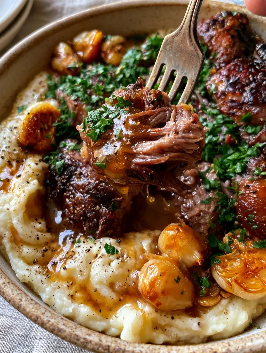 Slow Cooker Brown Sugar Garlic Pork Roast with Creamy Whipped Potatoes 3 Extreme close-up of tender shredded pork with mahogany charred edges and amber glaze. (slow cooker brown sugar garlic pork roast)