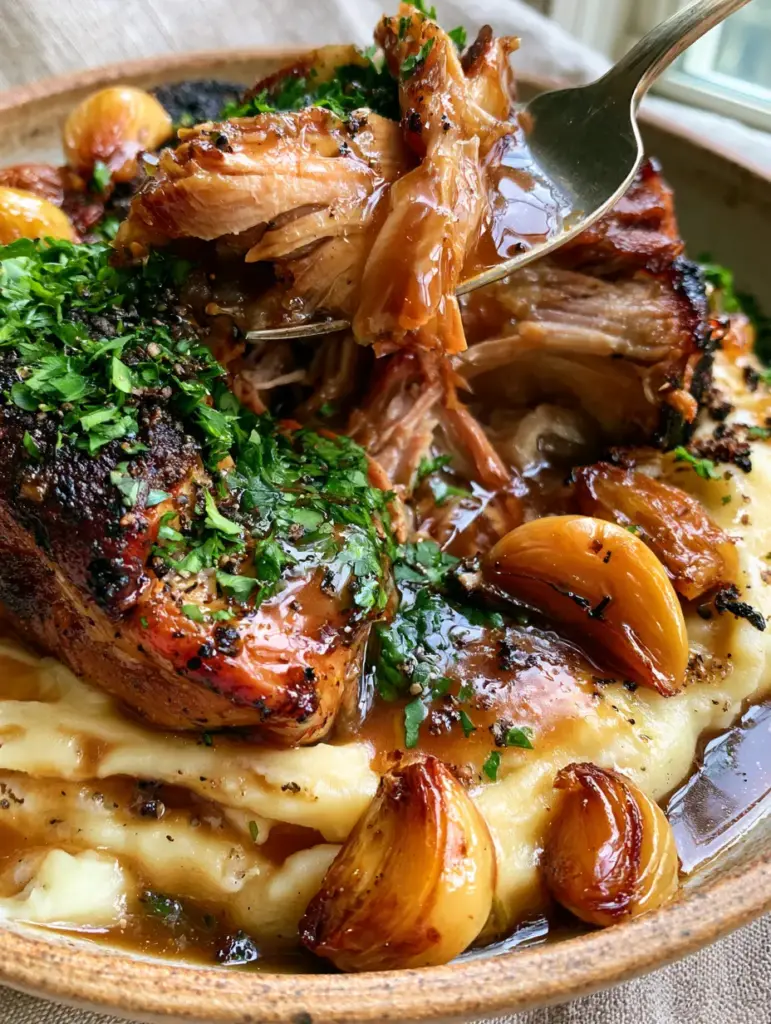 Slow Cooker Brown Sugar Garlic Pork Roast with Creamy Whipped Potatoes 1 A high-angle view of shredded pork roast served in a ceramic bowl with softened garlic and parsley.