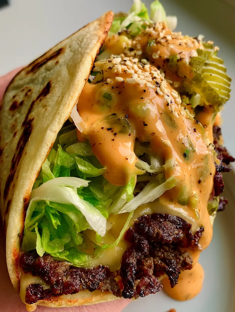 A hyper-realistic close-up of a seared ground beef layer with charred edges inside a Big Mac Wrap.